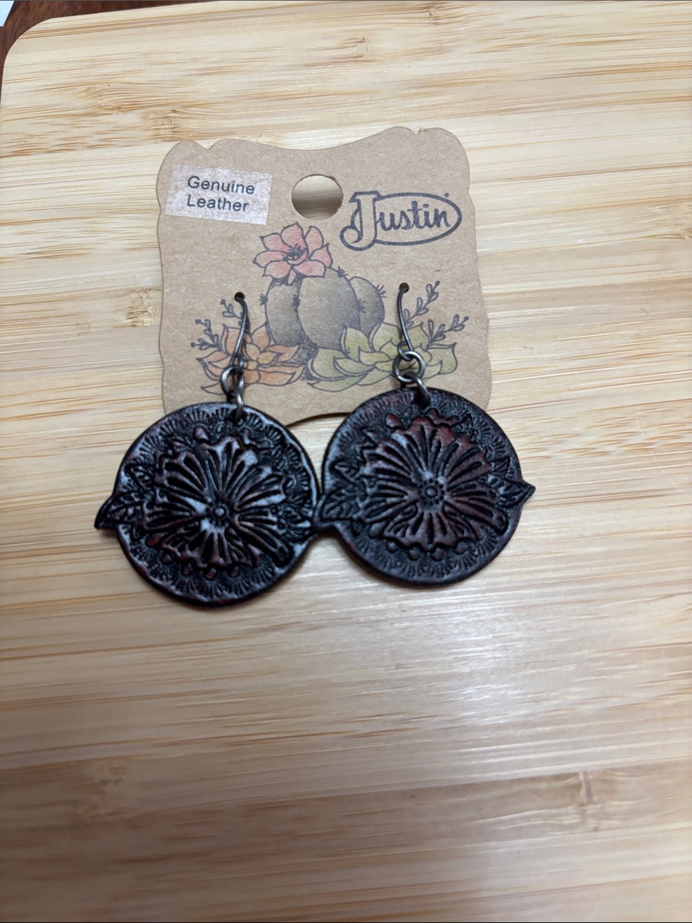 Justin Boots Brown Embossed Floral Leather Disc Earrings